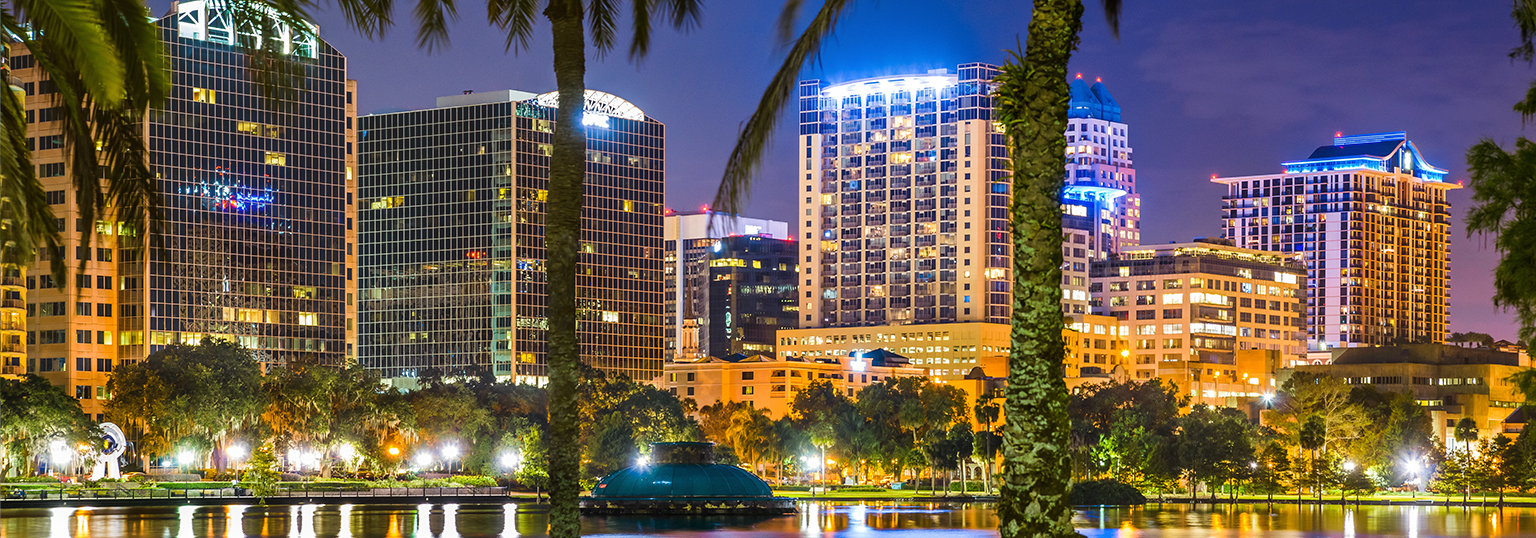 The lights of Downtown Orlando shine at night.